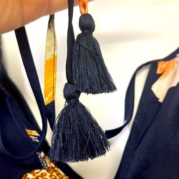 Lovestitch Navy Floral with Tassel Keyhole Tie and Elastic 3/4 Sleeves- Medium - Picture 4 of 10